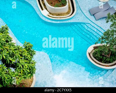 Top view of modern swimming pool. Blue curved swimming pool with clear clean water decorated with green gardens around. Stock Photo
