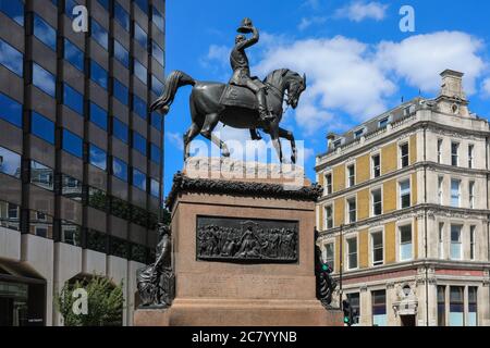 Prince Albert Equestrian Statue, Prince Consort on Horse raising his hat by by Charles Bacon (1874), Holborn Circus, City of London, London, England Stock Photo