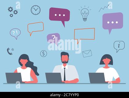 Office workers are working on laptops. Business concept with icons. Young man and women are sitting at the table on a blue background. Flat style Stock Vector