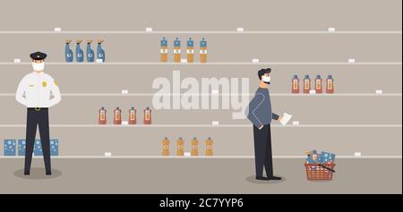 Household chemicals store is open during epidemic of virus. Security guard in protective medical mask and customer with a list  selects goods Stock Vector
