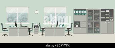 Office room in a gray color. There are tables, green chairs, cabinets for documents, printer and other objects in the picture. Vector flat image Stock Vector