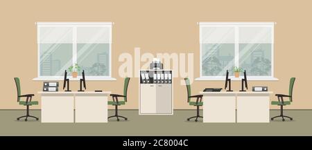 Office room in a beige color. There are tables, green chairs, a cabinet for documents, a printer and other objects in the picture. Vector flat image Stock Vector