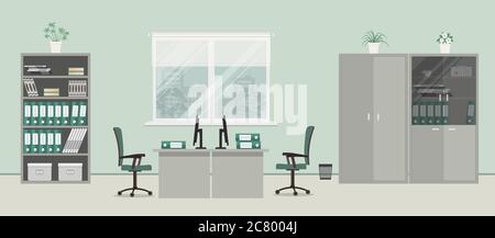 Office room in a gray color. There are desks, green chairs, cabinets for documents and other objects on a window background in the picture. Vector fla Stock Vector