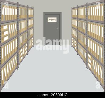 Archive. The room for storage of documents. Interior. There are racks with folders and a door with a sign "Archive" in the picture. Vector Stock Vector