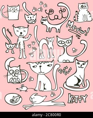 Cute and funny cats doodle hand drawn illustration. Cartoon cat or ...