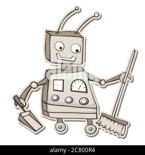 Retro style cartoon robot with broom and dustpan. Stock Photo
