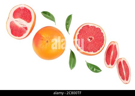 Grapefruit and slices with leaves isolated on white background. Top view. Flat lay. With clipping path Stock Photo