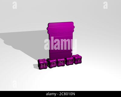 3D representation of honey with icon on the wall and text arranged by metallic cubic letters on a mirror floor for concept meaning and slideshow presentation. background and bee Stock Photo