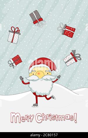Skating Santa Claus juggling with gift-boxes Stock Photo