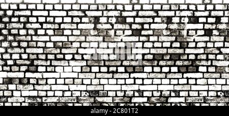 wide black and white stained and aged brick wall background Stock Photo
