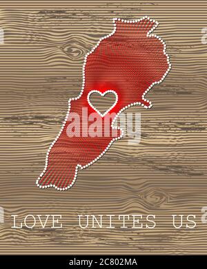 Lebanon art vector map with heart. String art, yarn and pins on wooden planks texture. Love unites us. Message of love. Lebanon art map Stock Vector