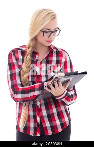 portrait of attractive schoolgirl in eyeglasses with folder in her hand isolated on white background Stock Photo