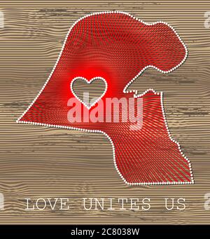 Kuwait art vector map with heart. String art, yarn and pins on wooden planks texture. Love unites us. Message of love. Kuwait art map Stock Vector