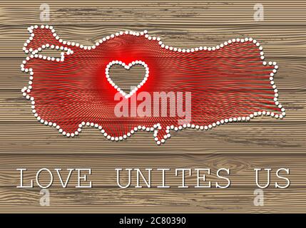 Turkey art vector map with heart. String art, yarn and pins on wooden planks texture. Love unites us. Message of love. Turkey art map Stock Vector