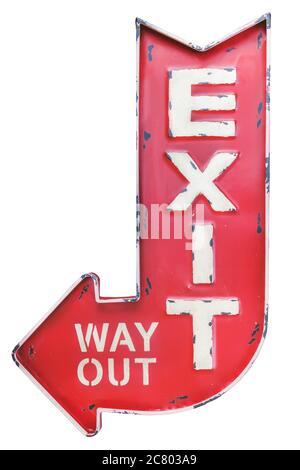 Vintage weathered outdoor red metal exit / way out sign isolated on a white background