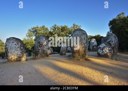 Megalithic culture. Alignment of neolithic stones in Cromeleque dos Almendres,  Alentejo, Evora, Portugal Stock Photo