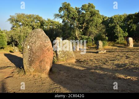 Megalithic culture. Alignment of neolithic stones in Cromeleque dos Almendres, Alentejo, Evora, Portugal Stock Photo