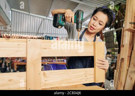 Pretty young female carpenter assembling bookcase in her workshop Stock Photo