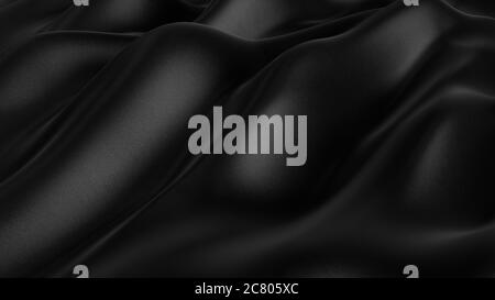 Black wavy satin silk abstract background with folds and waves. Luxury black cloth background. 3d rendering. Stock Photo