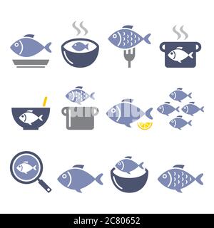 Fish meals icons - soup, chowder, goulash, fried fish color design set Stock Vector