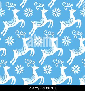 Scandinavian folk art Christmas vector pattern, Nordic white seamless design with reindeer and snowflakes on blue background Stock Vector