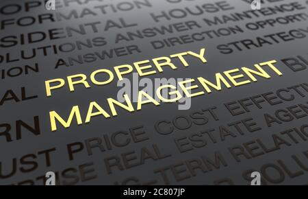 Illustration of Property Management background - word cloud concept in black and gold Stock Photo