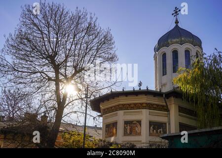 Saints Archangels Michael and Gabriel, Stavropoleos Monastery Church situated in Old Town Bucharest, Romania Stock Photo