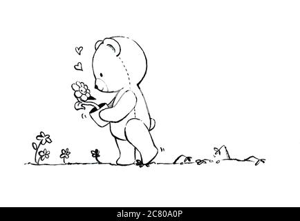 Cute teddy bear carried a flower pot, walking away, stepping on small flowers on the walkway. Line drawing cartoon-style illustration. Stock Photo