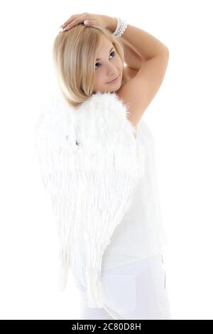Teenage girl with wings dreaming over white Stock Photo