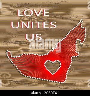 United arab emirates art vector map with heart. String art, yarn and pins on wooden board texture. Love unites us. Message of love. UAE art map Stock Vector