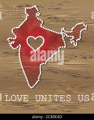 India art vector map with heart. String art, yarn and pins on wooden board texture. Love unites us. Message of love. India art map Stock Vector