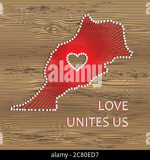 Morocco art vector map with heart. String art, yarn and pins on wooden board texture. Love unites us. Message of love. Morocco art map Stock Vector