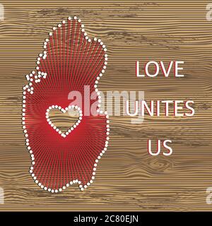 Qatar art vector map with heart. String art, yarn and pins on wooden board texture. Love unites us. Message of love. Qatar art map Stock Vector