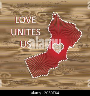 Oman art vector map with heart. String art, yarn and pins on wooden board texture. Love unites us. Message of love. Oman art map Stock Vector