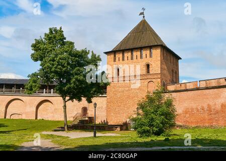 Detinets or Novgorod Kremlin red brick fortress walls. Towers of fortress in Novgorod Kremlin in summer day in Veliky Novgorod, Russia. Travel concept Stock Photo