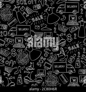 Online shopping seamless pattern. White hand drawn e-commerce objects isolated on black background. Vector illustration. Stock Vector