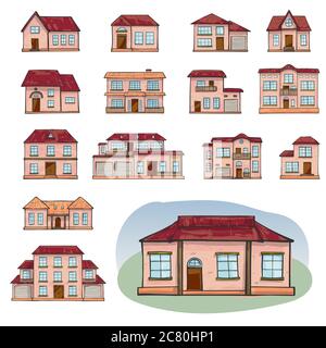 Set of vector different houses, cartoon scribble style. Stock Vector