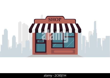 Vector shop or market store front exterior facade, vector illustration on sity space background. Stock Vector
