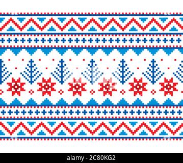 Winter, Christmas Fair Isle style traditional knitwear vector long vertical seamless pattern with snowflakes, trees in blue and red colors Stock Vector