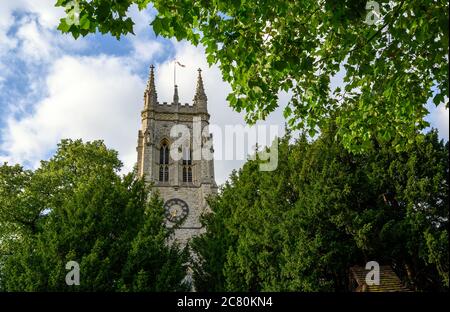Beckenham (Greater London), Kent, UK. St George's Church in Beckenham with a square tower framed by trees. A Church of England parish church.