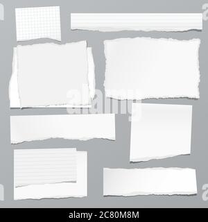 Torn of white note, notebook paper strips and pieces stuck on grey background. Vector illustration Stock Vector