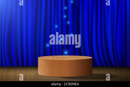 wooden podium on the wooden floor with blue curtain in the studio room Stock Vector