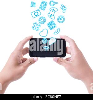hands holding mobile smart phone with different applications isolated on white background Stock Photo