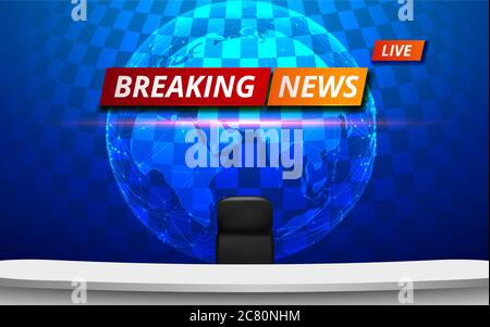 White Table And Chair With Breaking News Live On Red Curtain In Lcd Background In The News Studio Room Stock Vector Image Art Alamy