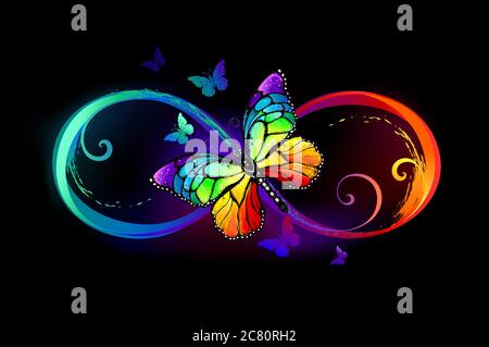 Multicolor, bright, symbol of infinity with rainbow, detailed butterfly monarch on black background. Stock Vector