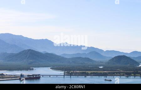 Panoramic view of 'Serra do Mar' and port of Santos in Brazil, the 5th biggest in the world. Top of Monte Serrat in Santos - São Paulo, Brazil. Serra Stock Photo