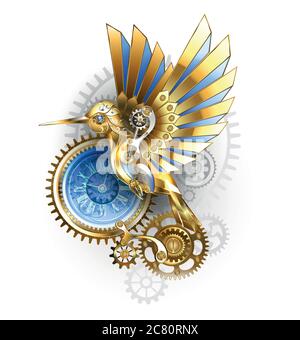 Steampunk, antique, gold, mechanical hummingbird with brass and gray gears on white background. Mechanical bird. Stock Vector