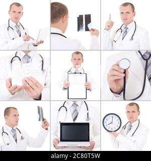 collage of young handsome doctor isolated on white background Stock Photo