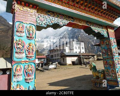 Amazing view of the gateway of the monastery Tengboche in Himalayan mountains. Lots of copy space Stock Photo