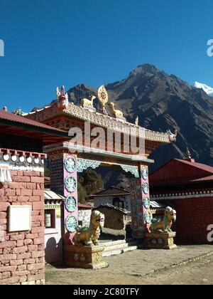 Amazing view of the gateway of the monastery Tengboche in Himalayan mountains. Lots of copy space Stock Photo